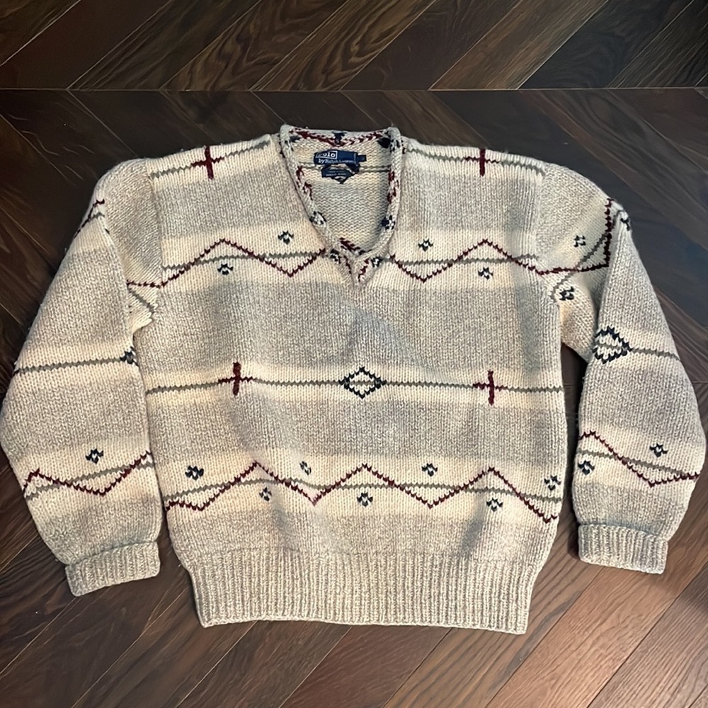 Polo Ralph Lauren 100% Wool Hand Knit Sweater Gray/Ivory/Red/Black L - Picture 8 of 9